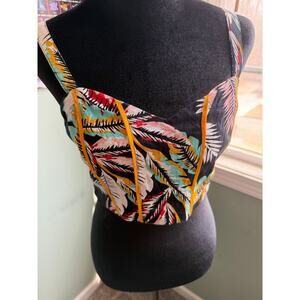 BOG Collective Tropical Print Smocked Crop Top Size M NWT Black Leaf Boho